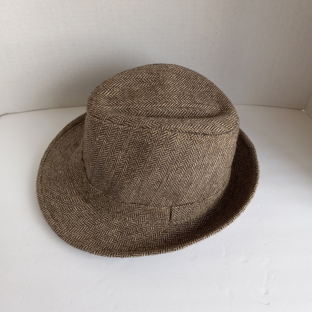 hat men/ woman brown/gold fedora hat. 0S  wool/polyester herringbone
